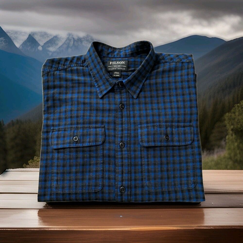 FILSON BLUE PLAID LONG SLEEVE FLANNEL SHIRT in MEN'S SIZE XL-LONG EUC
